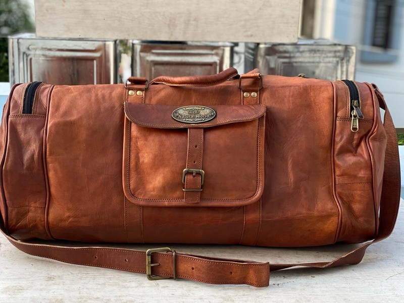 30″ Leather Overnight Duffel Weekend Luggage Holdall Travel Bag (Round Shape)
