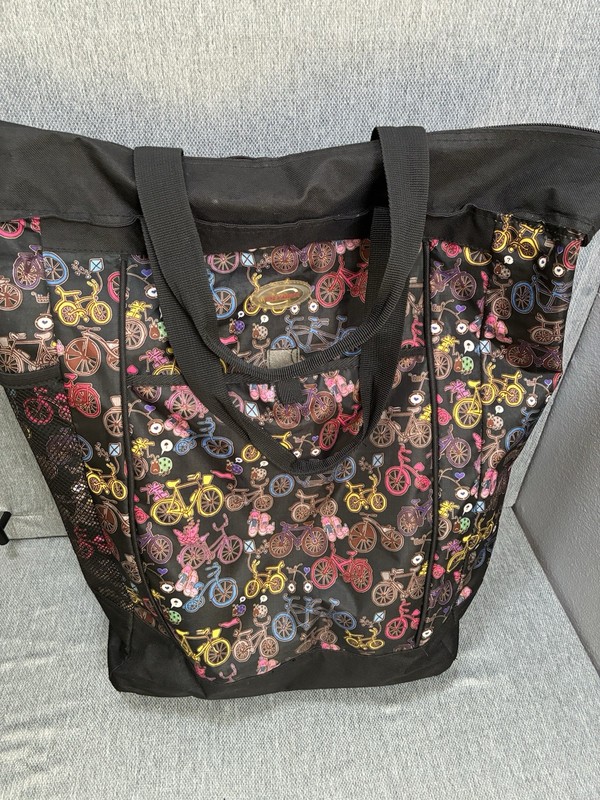 Olympia USA Rolling Carry-On Shopping Tote Bag Black White Zipper Wheels Bikes
