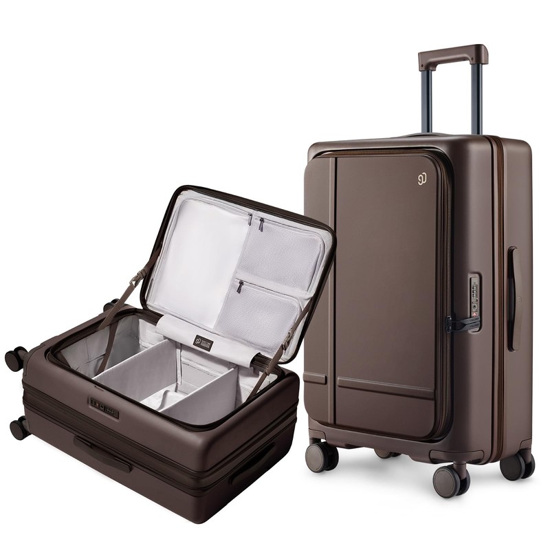 Medium Checked Luggage 25 Inch, Flat Top Opening Check In Luggage with Cup Ho…