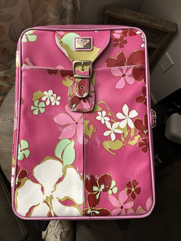 Vintage Faux Leather Roxy Girl Suitcase 90s 23in Luggage Floral Hawaii Pink