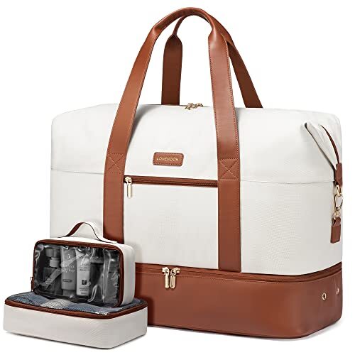 DUFFEL BAG with 2 Packing Cubes Shoe Compartment White Brown LOVEVOOK