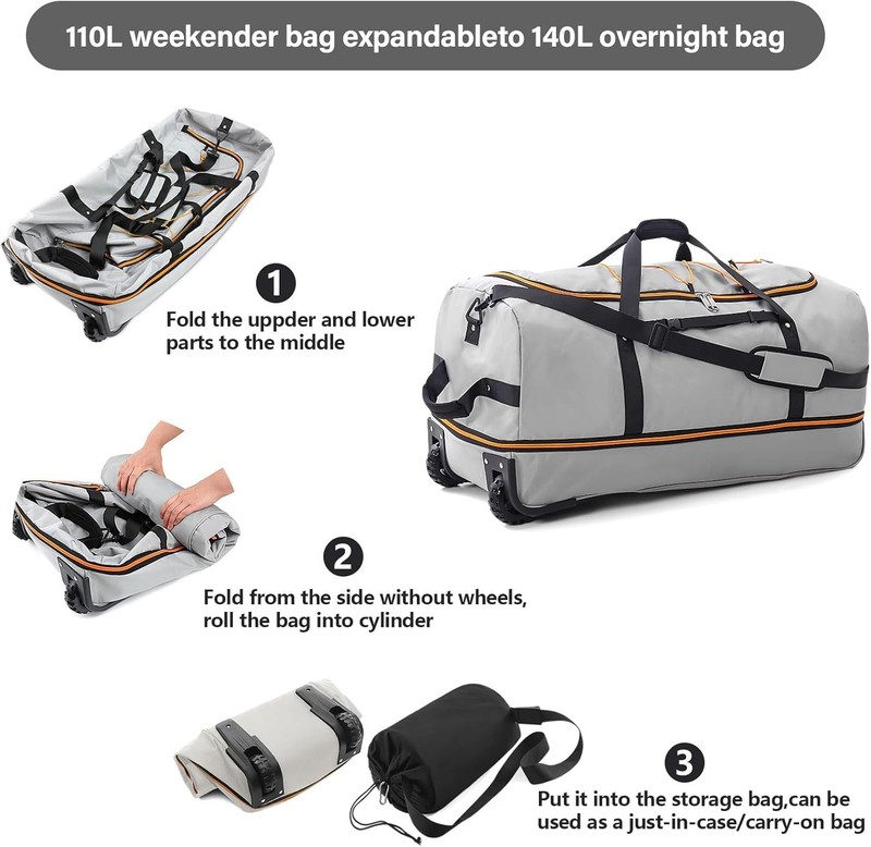 Packable 32” Rolling Duffle Bag with Retractable Wheels and Waterproof Design gallery