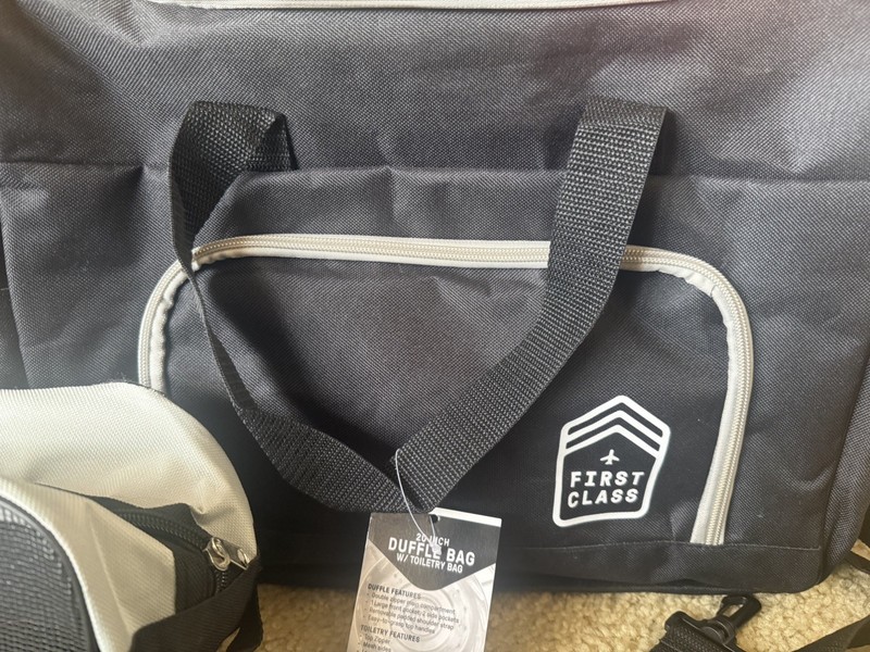 New with Tags – First Class Brand Duffle Bag 20” Black w/ toiletry bag foldable