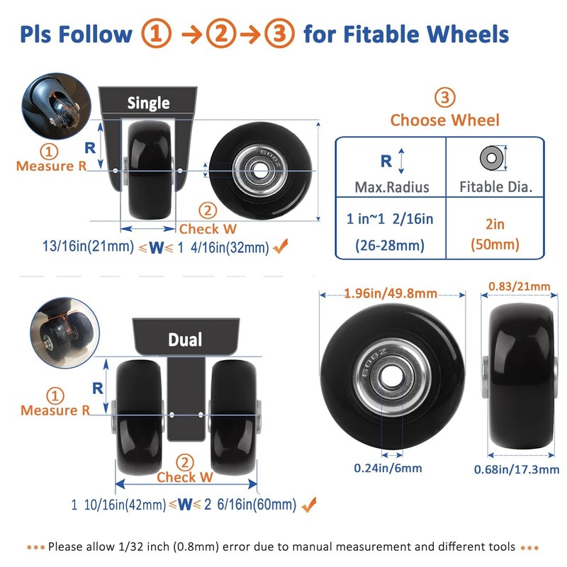 8PC Replacement Wheels Set for Luggage Suitcase - 2in/50mm Inline Spinner Repair gallery