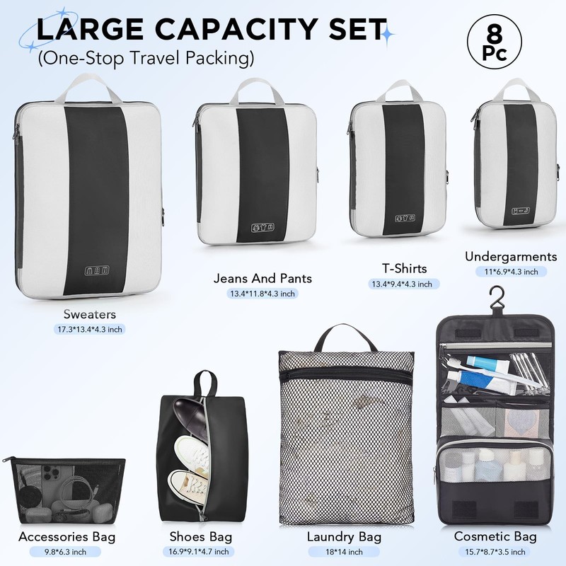 8 Set Compression Packing Cubes for Travel Essentials,Compressible Expandable... gallery