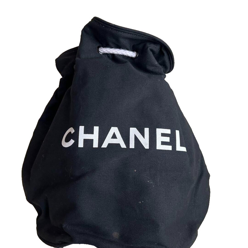 Authentic Chanel Black Drawstring Novelty Pool Bag Canvas Backpack