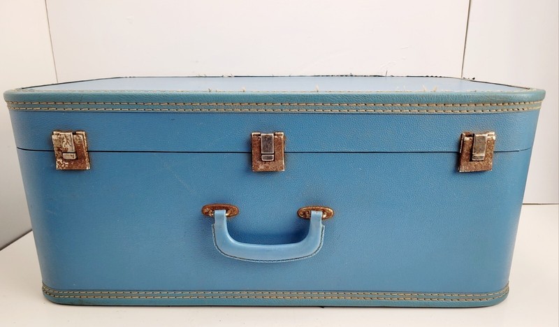 Large Bright Blue Rectangular Suitcase W/ Silver Alloy Hardware Photo Prop Decor