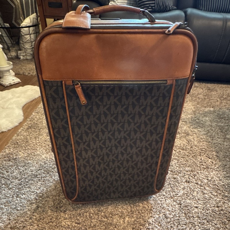 Michael Kors Brown Logo Print Rolling Suitcase with Wheels, Carrying Handle