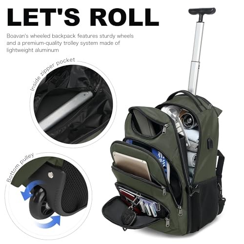 Boavan Rolling Backpack,17 inch Water Resistant Wheeled 17.3 Green gallery