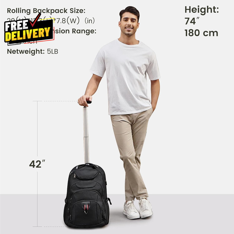 Rolling Backpack 17 Inch Water Resistant Wheeled Backpack Carry on Luggage Bus.. gallery