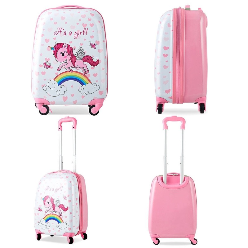 Pink & White Unicorn 12″ Backpack & 16″ Rolling Suitcase Kids Luggage Set Back