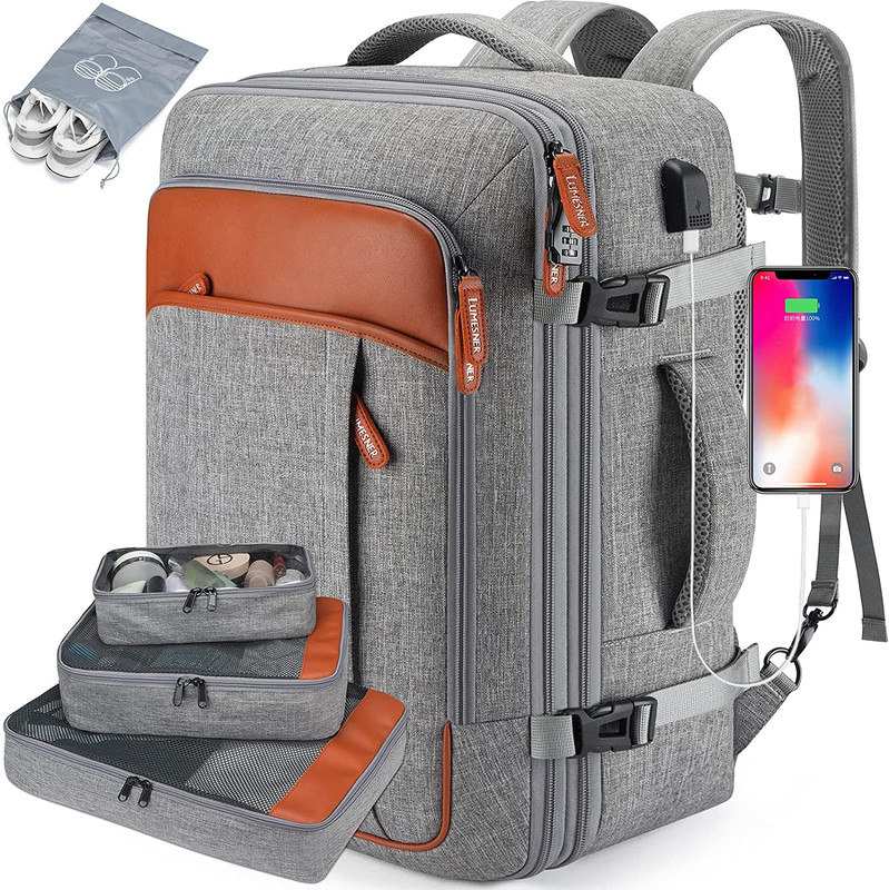 40L Expandable Travel Backpack with Packing Cubes – Water Resistant Grey