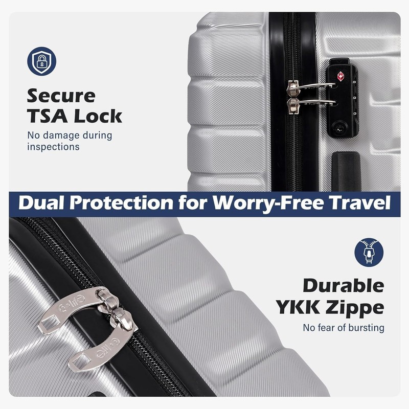 Durable 20 Inch Silver Carry On with TSA Lock, Four Spinner Wheels & Pockets gallery