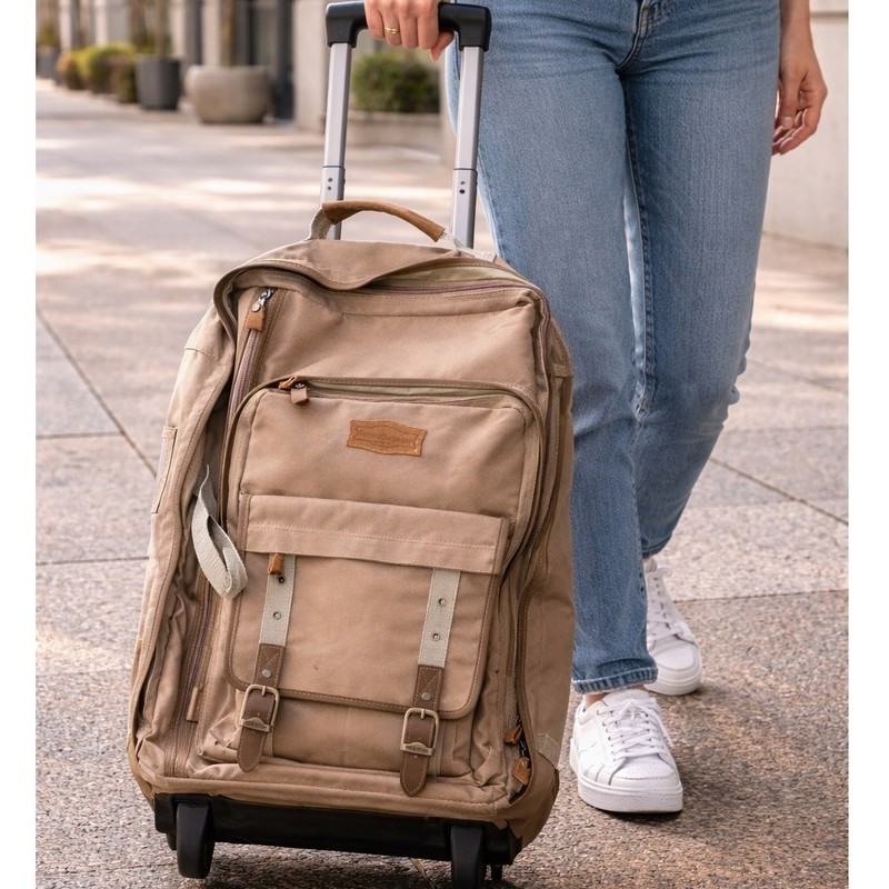Field & Stream Rolling Backpack Tan Canvas Travel Bag Luggage with Wheels