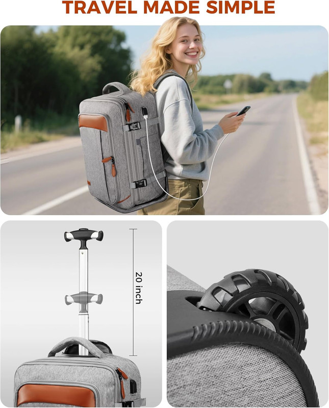 Expandable Rolling Backpack with Wheels & USB Port, Grey, 3 Packing Cubes gallery