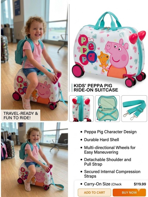Peppa Pig Ride-On Suitcase – Pink & Aqua with Red Accents for Kids