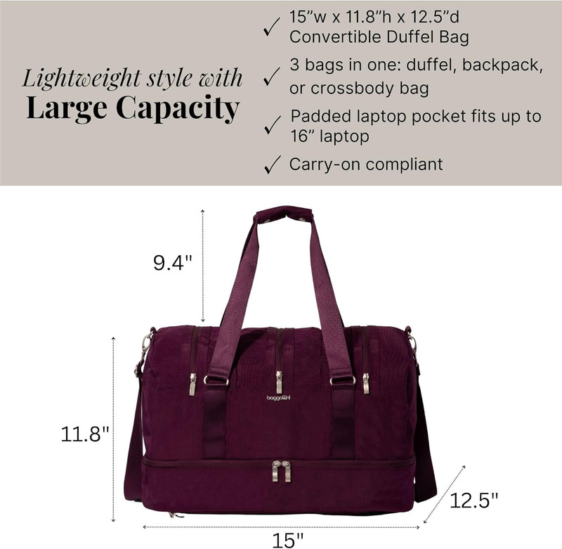 Versatile Lightweight Convertible Duffel & Backpack for Women - 15x12x12 Inch gallery