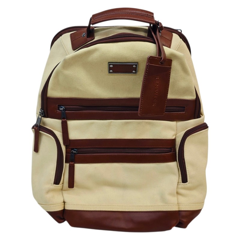 Renwick Backpack Canvas Leather Trim RFID Blocker Laptop Pocket Padded Beige 15″