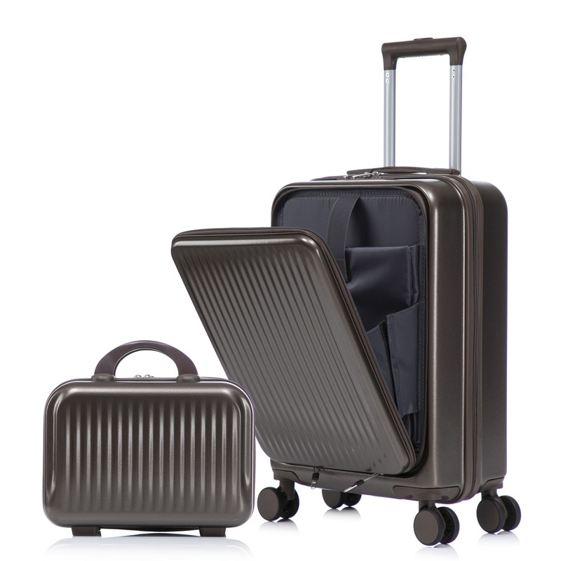 2pc ABS Spinner Luggage Set Front Opening Suitcase 14″ Case Brown