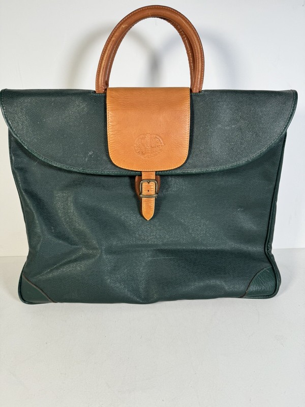 Source Perrier Collection Green & Tan Leather Luggage Tote Bag Carryon 19x15x7.5
