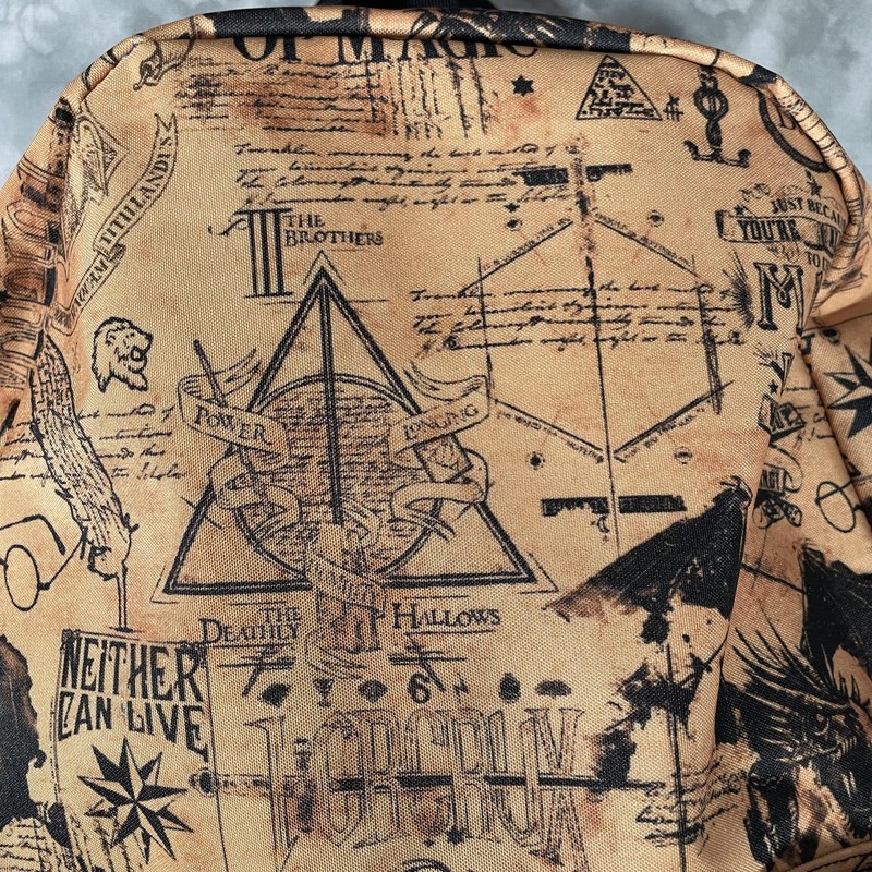 Harry Potter Hogwarts Crest Backpack Tan Black Allover Print Deathly Hallows gallery