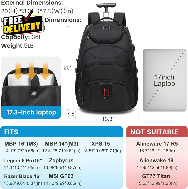 Rolling Backpack 17 Inch Water Resistant Wheeled Backpack Carry on Luggage Bus.. gallery
