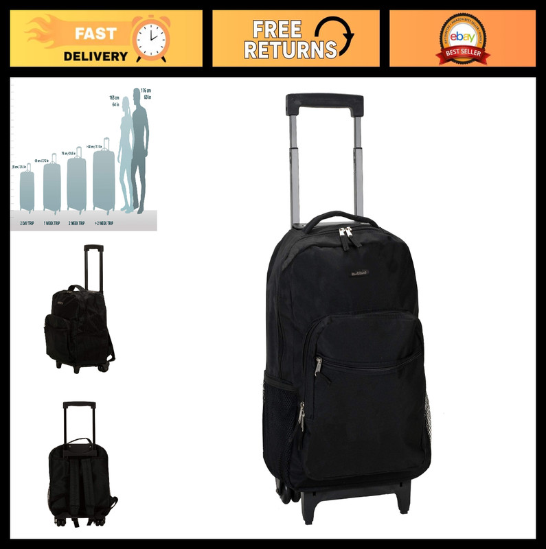 17″ Rolling Backpack with Double Handles, Lightweight Travel Bag, Black