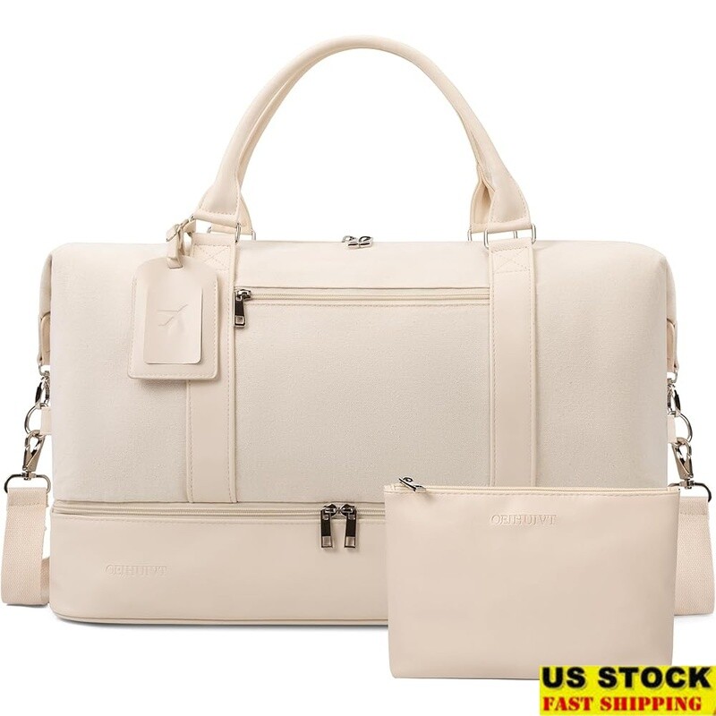 Women Travel Duffel Bag 2-Piece Set W/ Shoe Compartment Canvas Leather Tote New