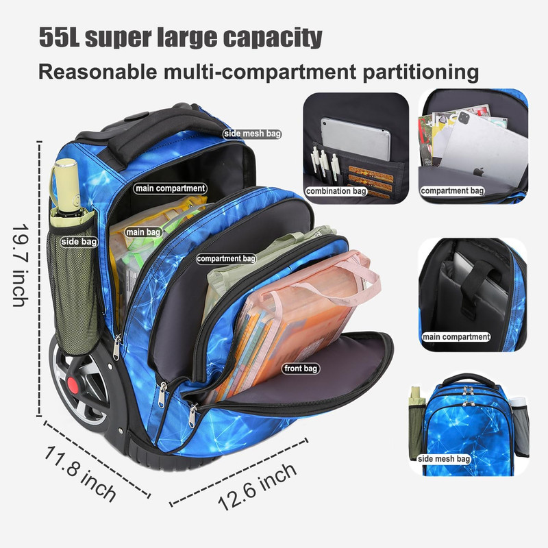 Waterproof 55L Rolling Backpack with Wheels & Laptop Compartment - Black gallery