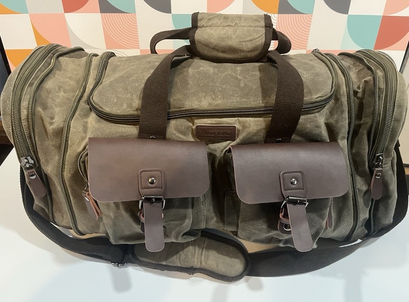 WICROAD Olive Green Canvas Leather Duffle Bag Adjustable Straps