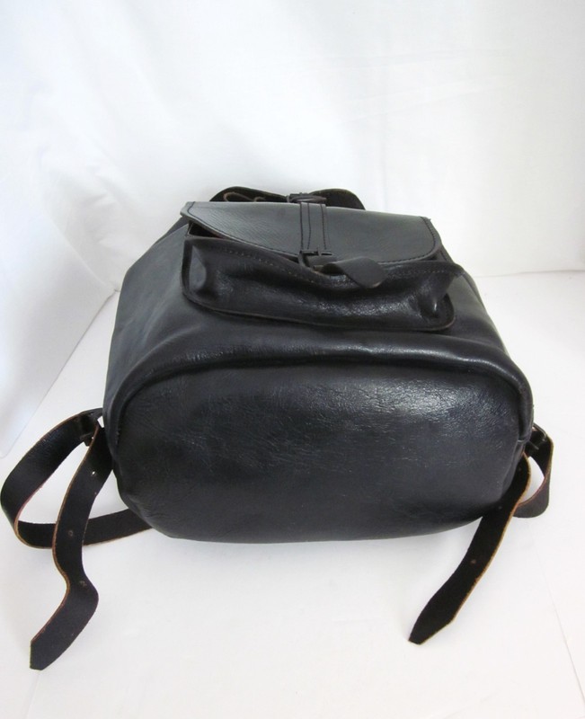 Large Handmade Black Leather Backpack Drawstring Tabs & Buckles Adj. Straps gallery