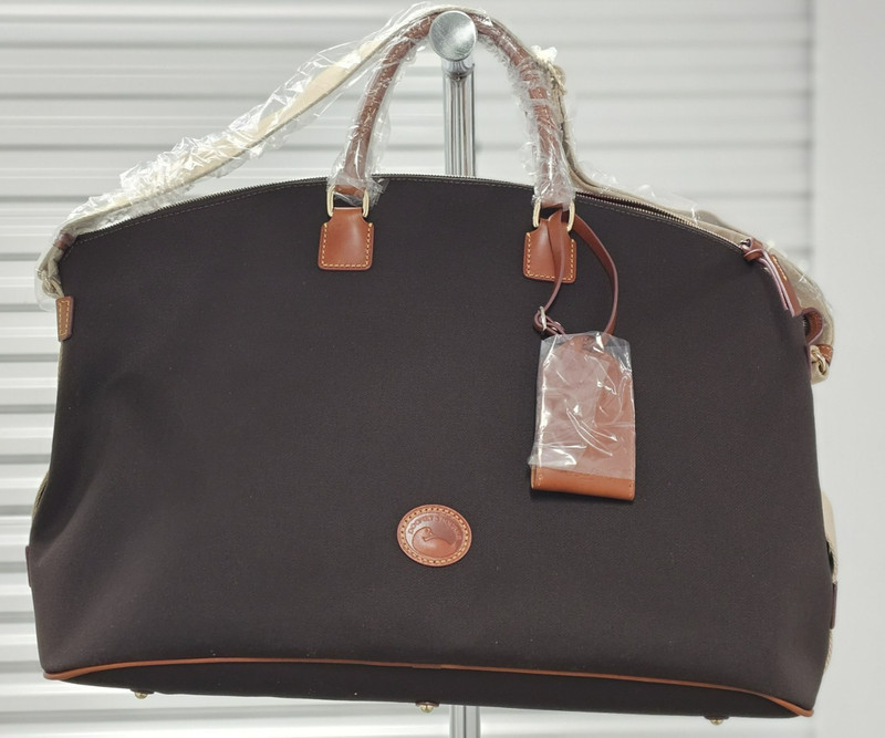 Dooney & Bourke Nylon Weekender Duffle Brown Tan Leather Carry All Luggage Bag