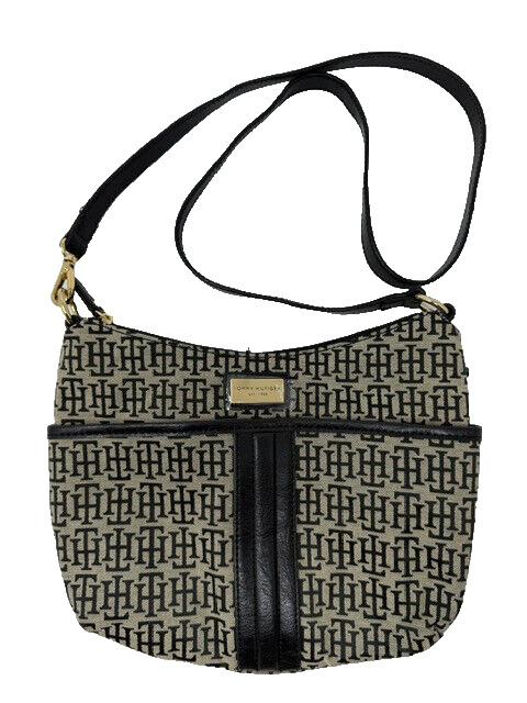 NEW Tommy Hilfiger Canvas Top Zip Bucket/Crossbody Bag-Black/Tan $65