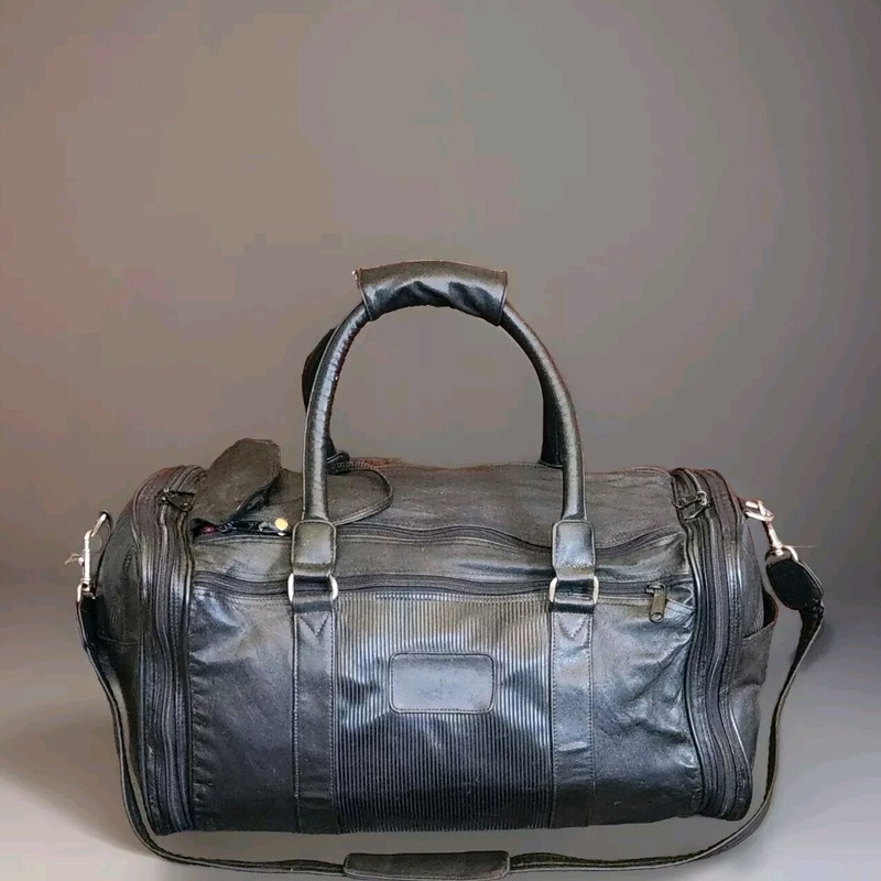 Black Genuine Leather (Smooth/Ribbed) Duffle Bag W/Removable Strap Made In KOREA