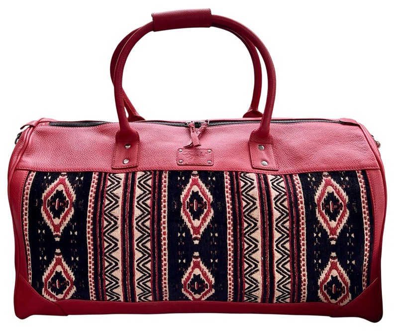 Boho Aztec Duffle Bag Travel Weekender Woven Tribal Leather Red Large Bag gallery