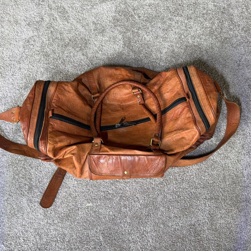 VTG Large Leather Duffel Bag Weekender Travel Gym Overnight Bag Brown