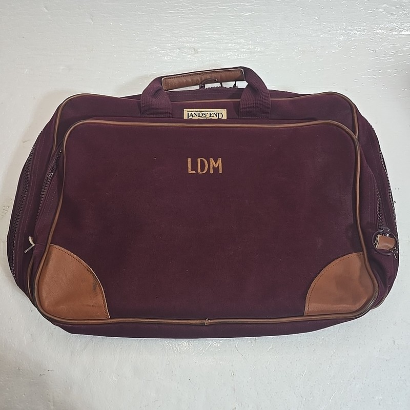Vintage Lands End Deluxe Square Rigger Canvas Leather Garment Bag Burgundy USA