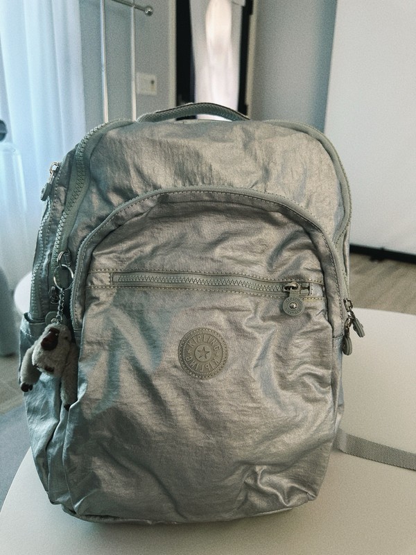 Kipling Silver Backpack Adjustable Straps Front Pocket Polka Dot Interior