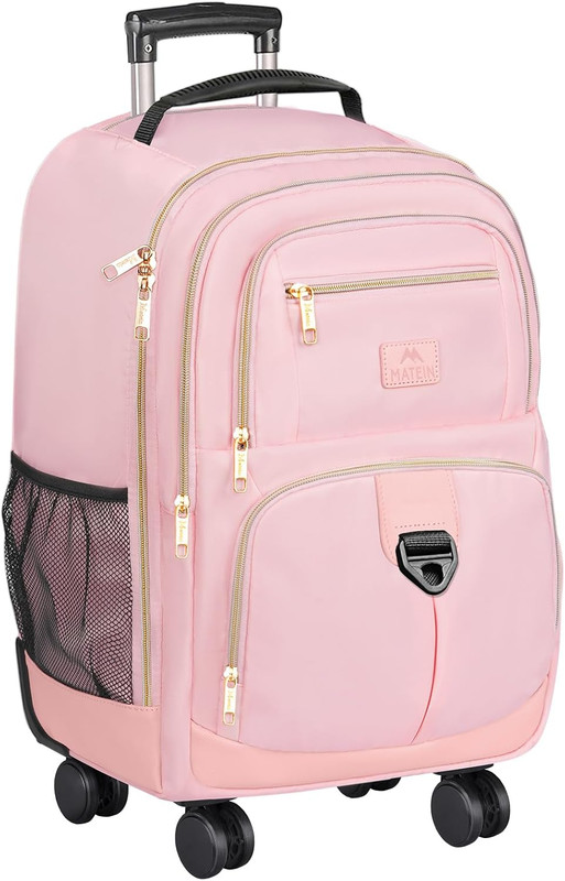 Pink Rolling Backpack, 18 Inch Womens Roller Laptop Bag with 4 Spinner Wheels, W