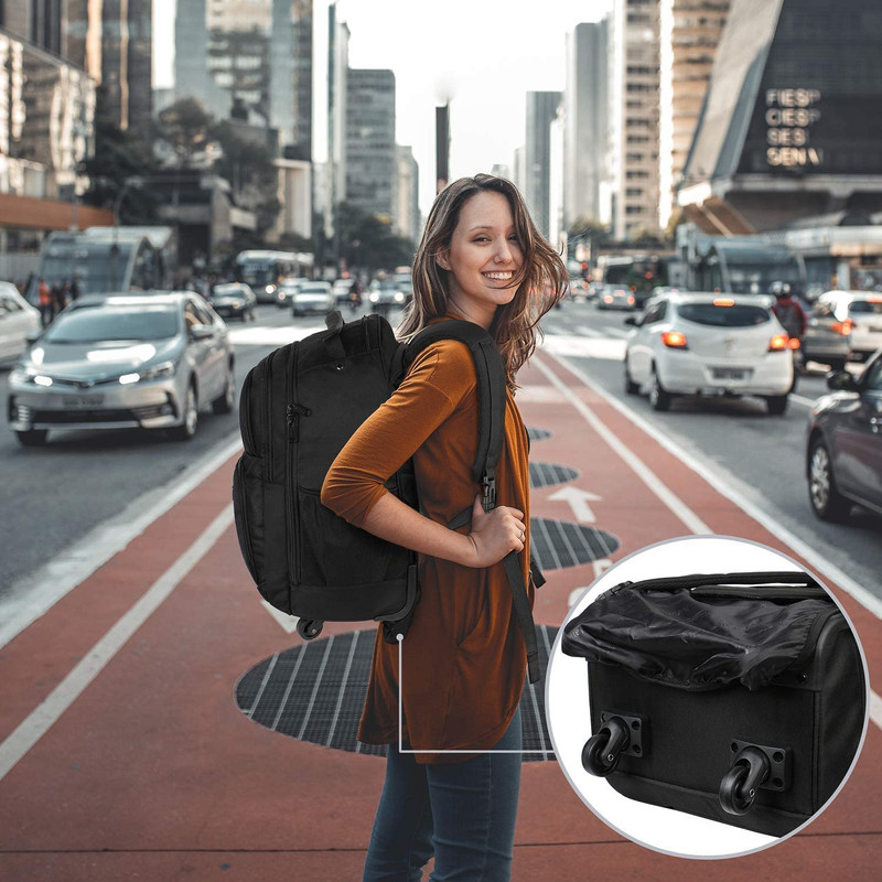 Rolling Backpack with 4 Wheels, 17 Inch Roller Travel Laptop Backpack Black gallery