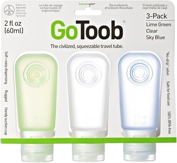 Humangear GoToob Refillable Travel Container – 3 Pack-Clear/Blue/Green-2 oz Tube