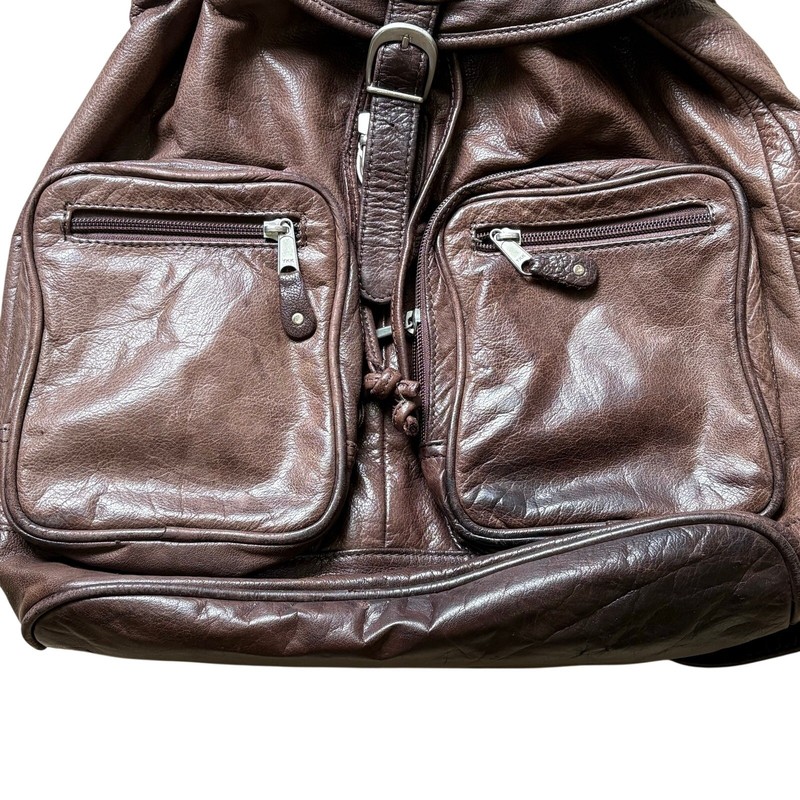 Vintage Brown Leather Rucksack Backpack 90’s Dark Shoulder Bag School Work gallery