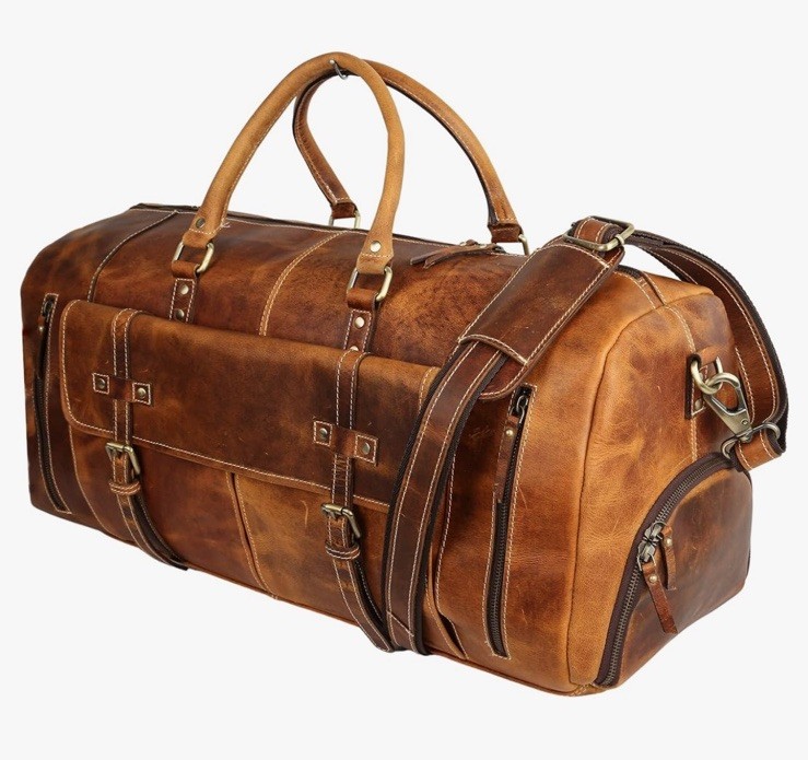 KOMALC Brown Leather Duffle Bag 30″ Solid Unisex w/ Adjustable Shoulder Strap
