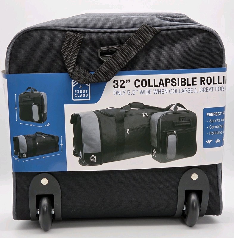 First Class 32″ Expandable Collapsible Rolling Duffel Bag Black Pack & Go