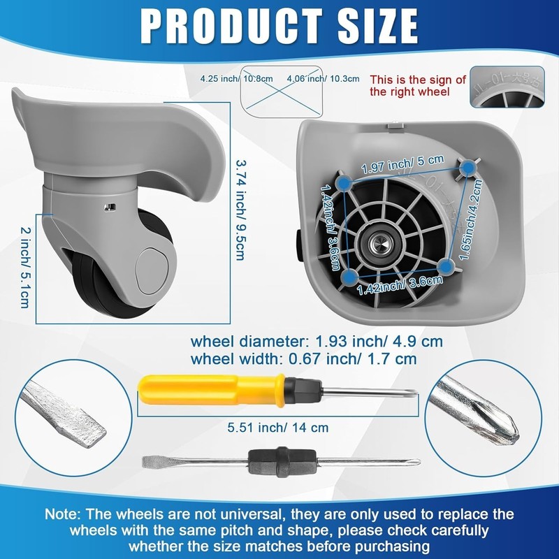 High-Quality Luggage Wheels Replacement Kit with Screwdriver & Screws - Gray gallery