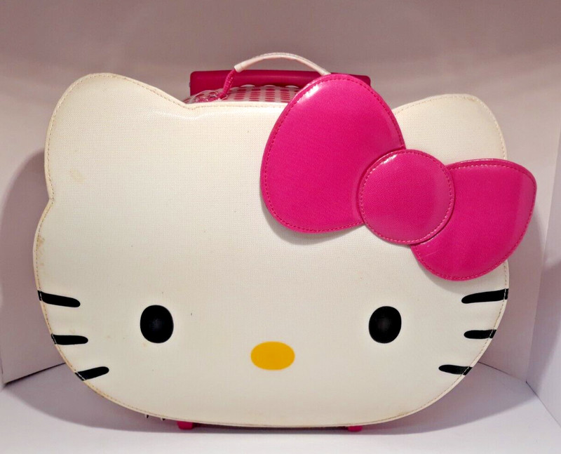 Hello Kitty Big Face 18″ Pink White Vinyl Rolling Suitcase Luggage Carry-On Bag