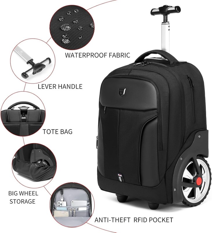 Rolling Backpack,Waterproof Backpack with Wheels for Business and Travel Commute gallery