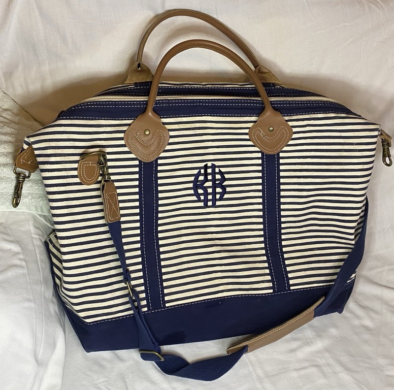 Monogrammed Striped Weekender Travel Bag Blue & White Cotton Sisters