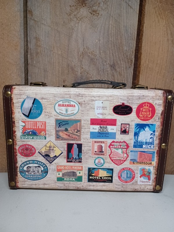 Vintage Look Kids Play Suitcase Case w/ Travel Stickers 12” x 8”
