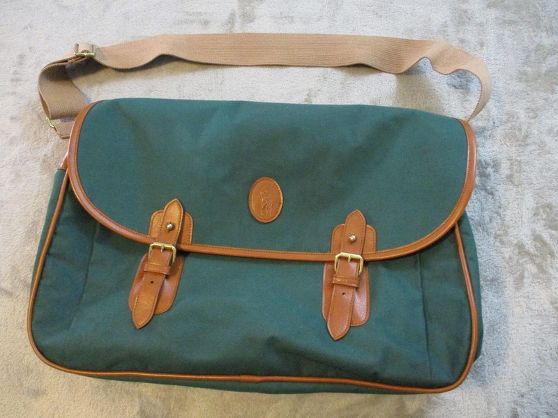 Polo Ralph Lauren Canvas Messenger Bag Green Leather Trim Shoulder Laptop Large